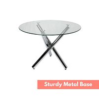 Clear photo of the round glass top dining table with three-legged metal base on white background.