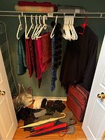 Closet with hanging scarves, a dark jacket, travel bag, silver handbag, folded scarves on top shelf, and umbrellas on the floor.