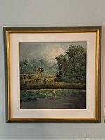 Framed oil painting on canvas showing Asian-themed landscape with figures and trees, signed by artist