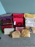Full view of all 14 purses arranged on floor with various colors and materials seen.