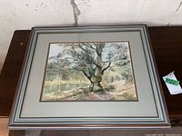 Framed watercolour painting showing a tree near a pond with light reflections on glass, signed by the artist.