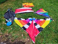 Overhead view of four colorful kites laid out on grass including delta, rokkaku, and fled types along with black bag and kite line.