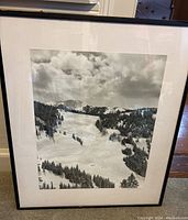 Framed black and white ski scene, full view