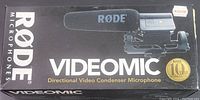 Box of RODE Videomic directional video condenser microphone with printed product image and logo