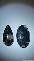 Photo showing two polished natural moss agate cabochons on a white background. The stones feature dark green moss-like inclusions inside translucent material.