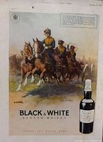 1937 Black & White Scotch Whisky vintage advertisement print showing horse riders and whisky bottle.