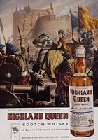 Photo showing the Highland Queen Scotch Whisky 1960s vintage advertisement with historical scene and whisky bottle