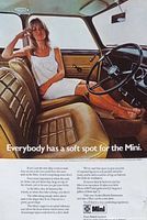 Full view of the 1973 Mini vintage advertisement showing the woman sitting inside the car with text description and branding.