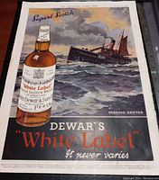 Front view of a 1941 vintage magazine advertisement print for Dewar's White Label whisky featuring a bottle and fishing boat illustration.