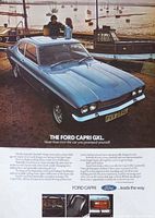 Full advertisement showing blue Ford Capri GXL car near harbor with people on roof and text details.