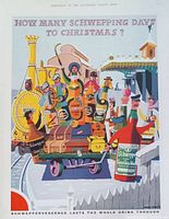 Colorful vintage Schweppes advertisement showing cartoon holiday train scene with Schweppes bottles in the cart and characters around it, text asking about days to Christmas, and branding.
