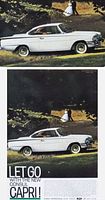 Full view of the vintage magazine advertisement showing the white Ford Consul Capri car with greenery in the background and advertising text.