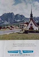 Full view of the vintage 1959 Standard-Triumph magazine advertisement showing the alpine village scene with church, houses, mountain backdrop, and red car on a road.