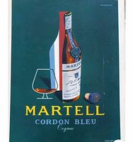 Photo of a vintage 1962 Martell Cordon Bleu Cognac magazine advertisement showing illustrated bottle and glass with text
