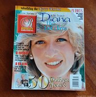 Close-up photo of a Royalty magazine cover featuring Princess Diana, titled 'the legacy Diana the last days' with '50 Golden Years' text.