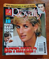 Single magazine cover featuring Princess Diana with headline about betrayal and royal baby boom.