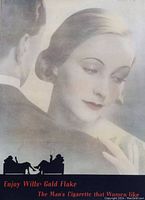 Full front image of the vintage Wills Gold Flake Cigarettes advertisement showing the woman and man in soft focus with the text at the bottom.