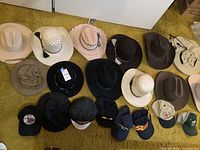 Grid of 17 hats including straw cowboy hats, felt hats, canvas fishing hats and baseball caps