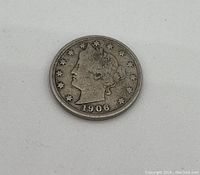 Obverse of the 1906 Liberty Head 'V' nickel showing Lady Liberty's profile with 1906 date.