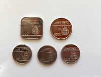 Image of five coins: one square 50-cent coin (2001), one round 25-cent coin (2003), and three round 10-cent coins (two dated 2002, one dated 1999). Coins show wear from use.