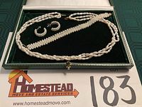 Overview of necklace, bracelet, and earrings in green jewelry case on branded card