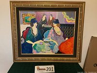 Full front view of framed serigraph depicting two women at tea