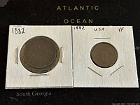 Front view of the 1882 Canadian large one cent and 1882 US Indian Head penny in protective holders.