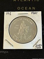 Obverse image of the 1998 Canadian 1 Dollar proof coin featuring a mounted Royal Canadian Mounted Police officer and inscriptions indicating silver composition and proof condition.