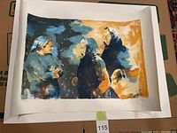 Full view of the print showing three old women with expressive brushwork and blue and orange tones.