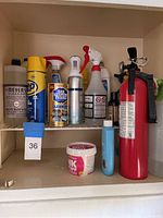 Front view of miscellaneous cleaning supplies on shelf including various spray bottles, cleaner tins, multi-surface cleaner, and fire extinguisher.