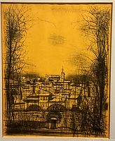 Close-up of central cityscape showing rooftops and spire on yellow background