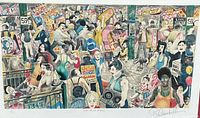 Unframed print showing full composition of crowded subway station scene