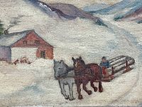 Close-up of horse and sled scene, showing two horses pulling a wooden sled.