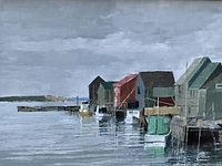 Full view of the oil on board painting laid flat showing the coastal scene