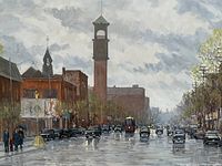 Frontal view of the full painting showing wet street, vehicles, brick buildings and clocktower.