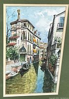 Close-up of the watercolour painting showing detailed building facades, water reflections, and gondolas on the Venetian canal.