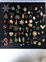 Full overhead shot of all pins, pendants and brooches laid out on black fabric for clear view of designs and details.