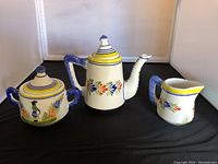 Full view of the teapot, covered sugar bowl, and creamer set showing hand-painted floral designs and Breton figure on teapot.