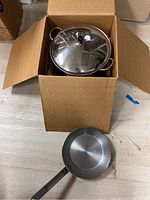 Faberware stainless steel sauce pot with lid inside an open cardboard box and de Buyer skillet resting nearby.