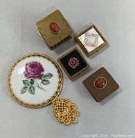 Top view of all five items showing arrangement, details of mirror and pill boxes