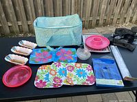Full lot arranged on black surface outside, showing cooler bag, hot dog containers, plates, bowls, cutlery, aluminum foil, and other items