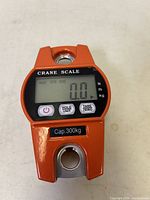 Front of orange digital crane scale showing LCD display, buttons, and capacity indication of 300kg.