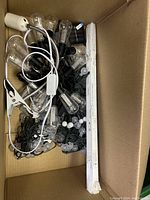 Overview of box contents showing string lights with large bulb covers and a white clip with cord.