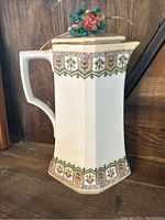 Front view of the hexagonal tea pot showing the floral decoration around the edge and the handle shape.