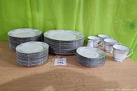 Photo showing the full lot of Nordika dishware including a large number of plates of various sizes, saucers, cups, and a salt shaker arranged on a table with a green background.