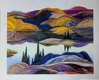 Clear photo of the lithograph print showing stylized landscape of Mirror Lake by Franklin Carmichael with signature and edition number.