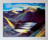 Full view of the large print showing vibrant stylized landscape with mountains, water, and sky.