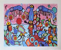 Photo of Norval Morrisseau lithograph print showing colorful Indigenous style artwork with bird motif and figures on pink and blue background.