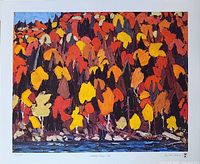 Full view of the original limited edition print showing colorful autumn leaves and water with thick paint style.