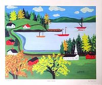 Close-up of colorful lithograph print titled Summer Seascape by Maud Lewis, showing vibrant coastal landscape with trees, houses, boats, and church.